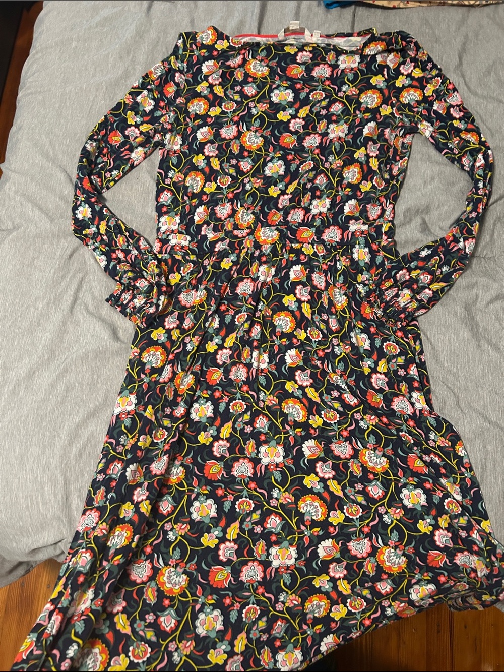 Boden Black Floral Long-Sleeve Midi Dress